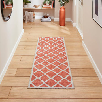 Washable Coral H1063 Modern Distressed Geometric Lattice Textured Recycled Lightweight Printed Polyester Flatweave Orange Runner-Think Rugs-Rug Love - The Most Loved Rug Store